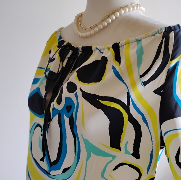 Banana Republic Silk Dress Abstract Floral Navy Blue Yellow Shift Tropical Sz M - Picture 8 of 15